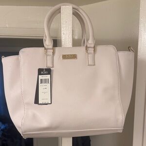 BCBG Blush White Structured Satchel with Gold Hardware